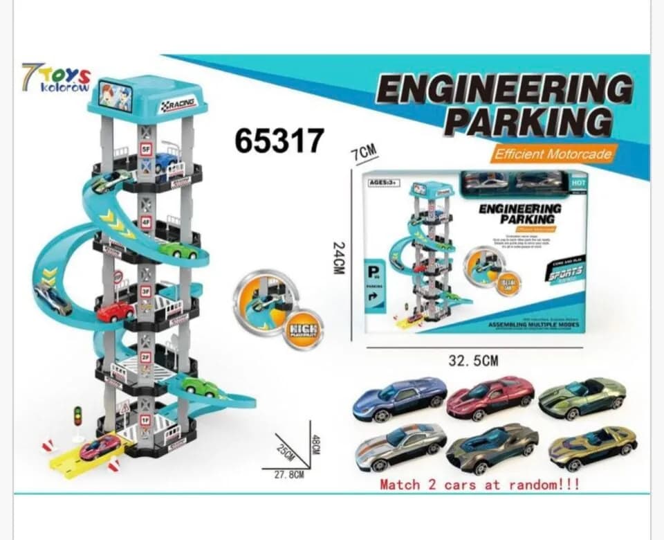 Zabawka Parking Engineering 48cm - 5 poziomów, 2 auta metalowe