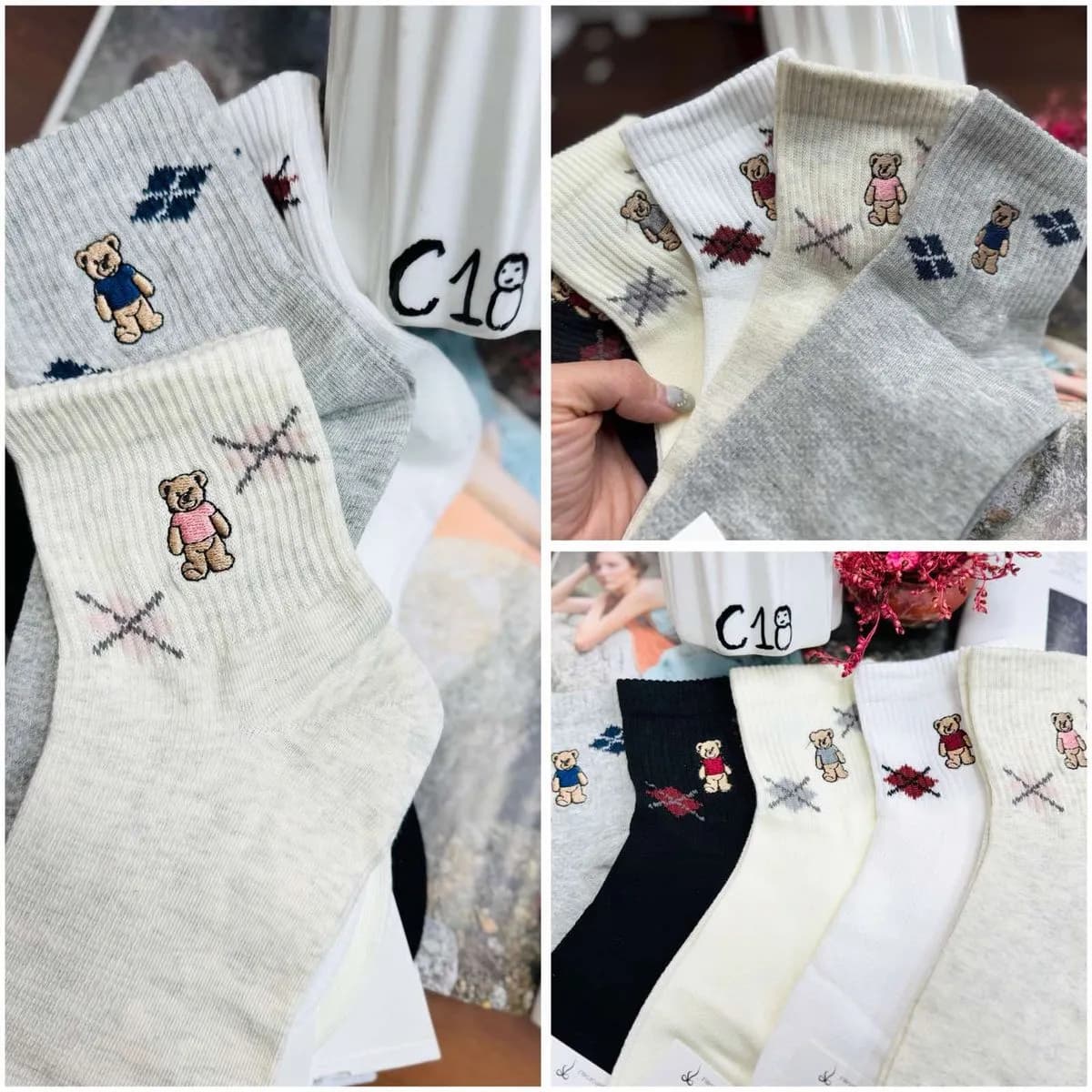 Skarpetki damskie z misiem C18, zestaw wielokolorowy