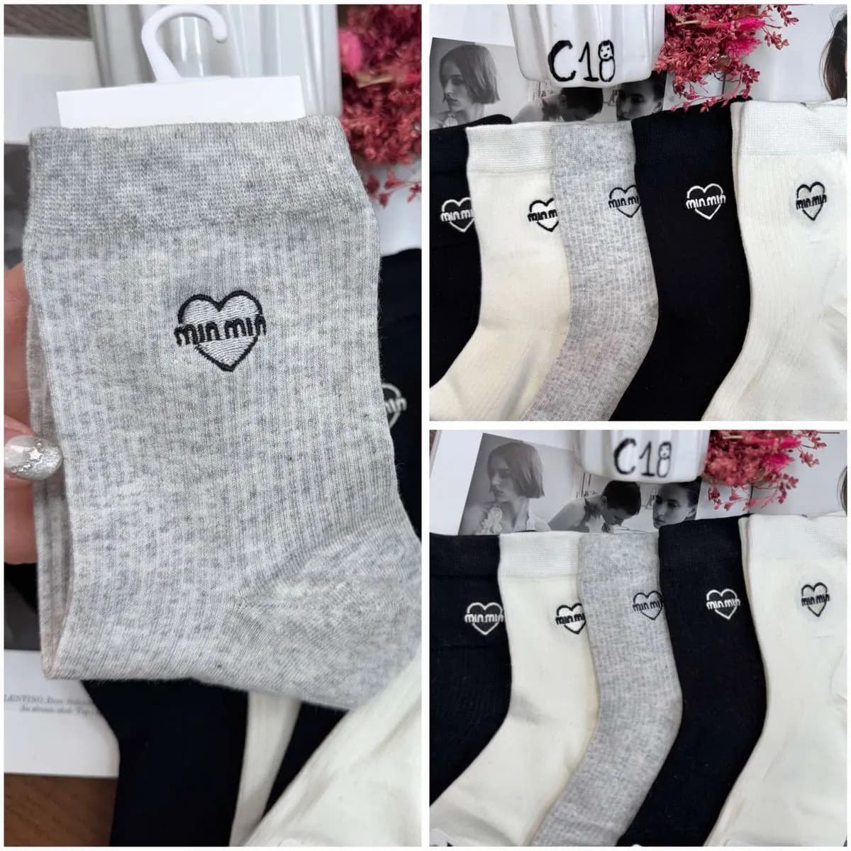 Skarpetki damskie z serduszkiem Miumiu szare/czarne/białe