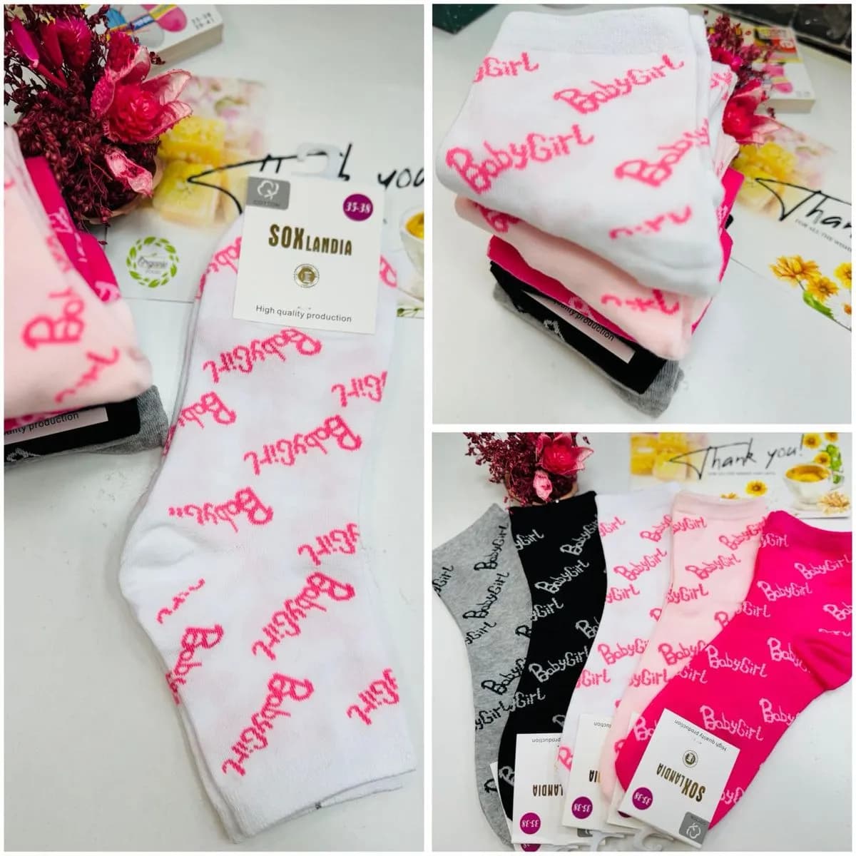 Skarpetki damskie Babygirl Sockslandia różowe białe szare