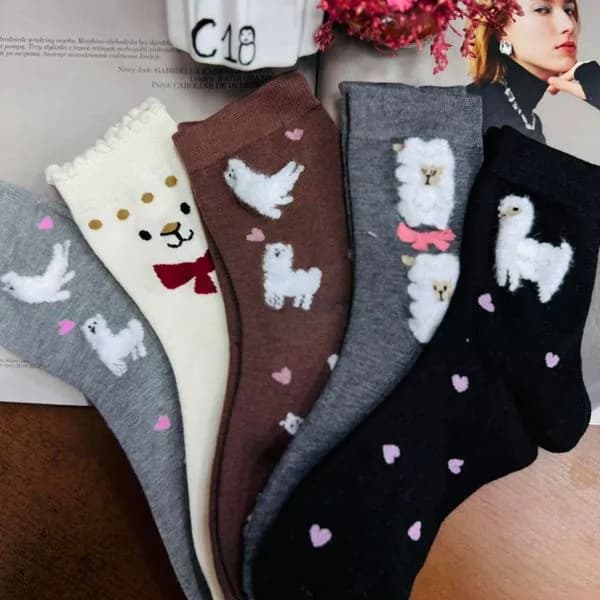 Skarpetki damskie z motywem lam i serduszek, 5 par