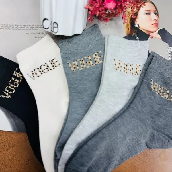 Skarpetki damskie z napisem VOGUE, zestaw czarny szary biały beżowy
