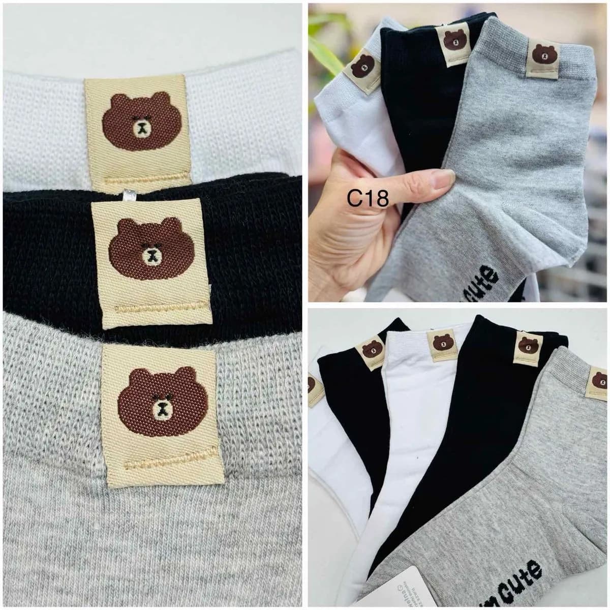 Skarpetki damskie C18 z misiem, 3 szt. czarny/szary/biały