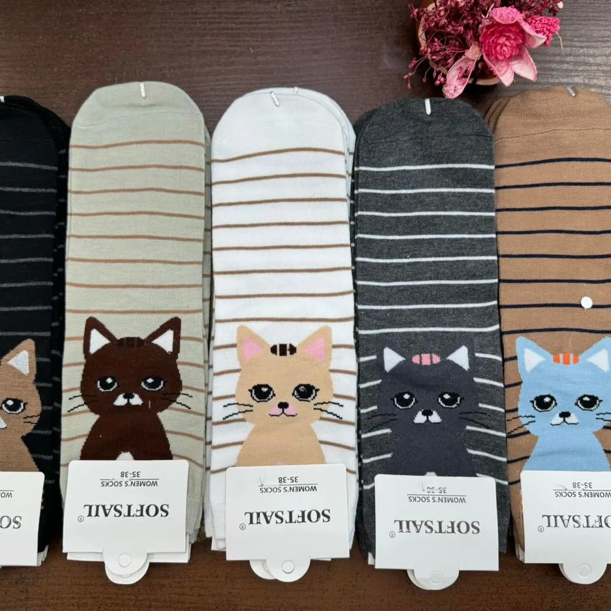 Skarpetki damskie z kotkami, 5 kolorów, 40 szt/opak.