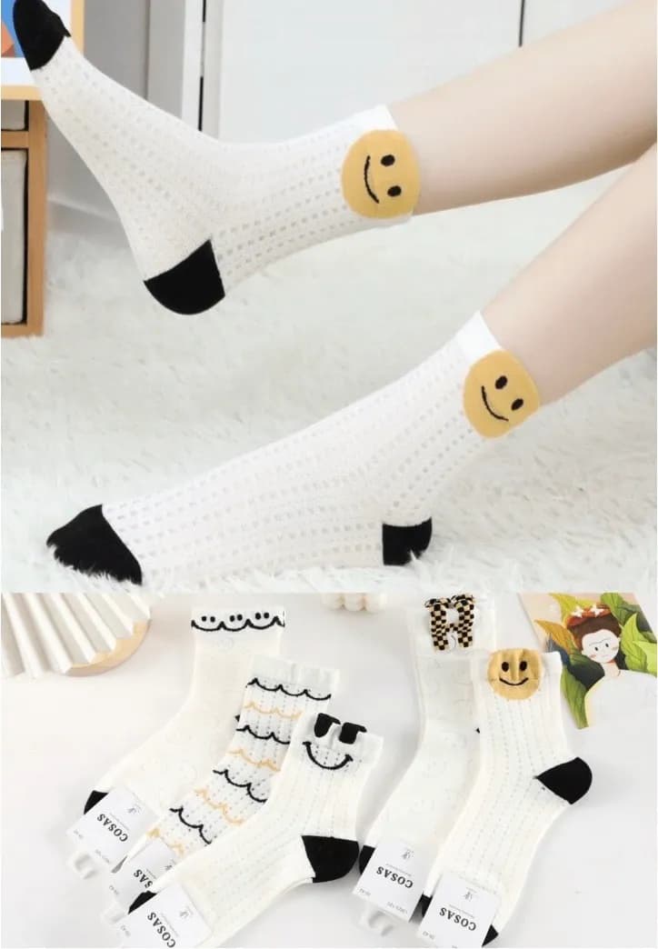 Skarpetki damskie białe z czarnymi końcami i emotikonami