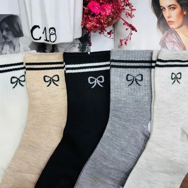 Skarpetki damskie z kokardką C18, 5 szt. beż/czarny/szary