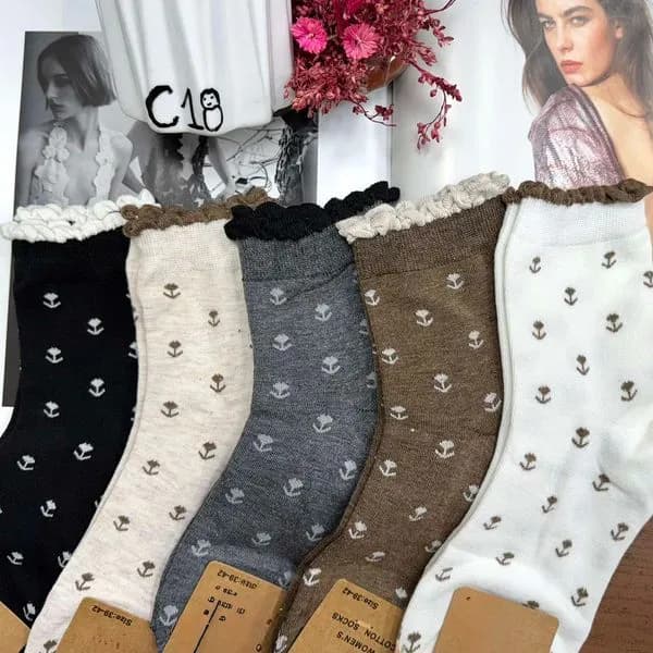 Skarpetki damskie z koronką i wzorem kwiatowym 5 kolorów