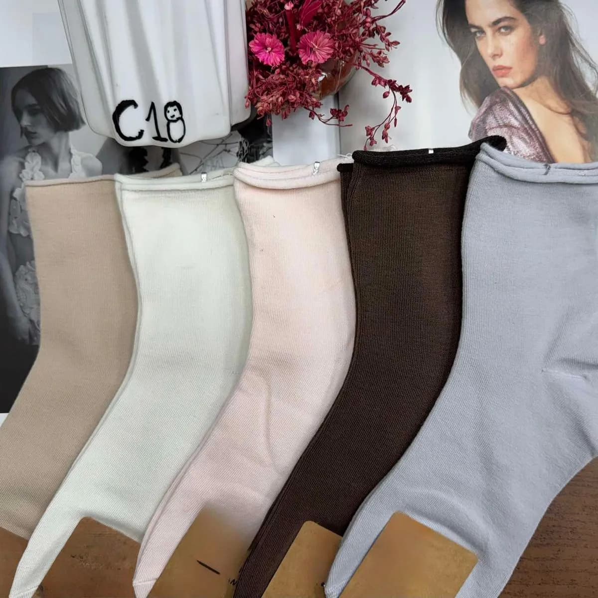 Skarpetki damskie C18, zestaw 5 par nude/beżowe