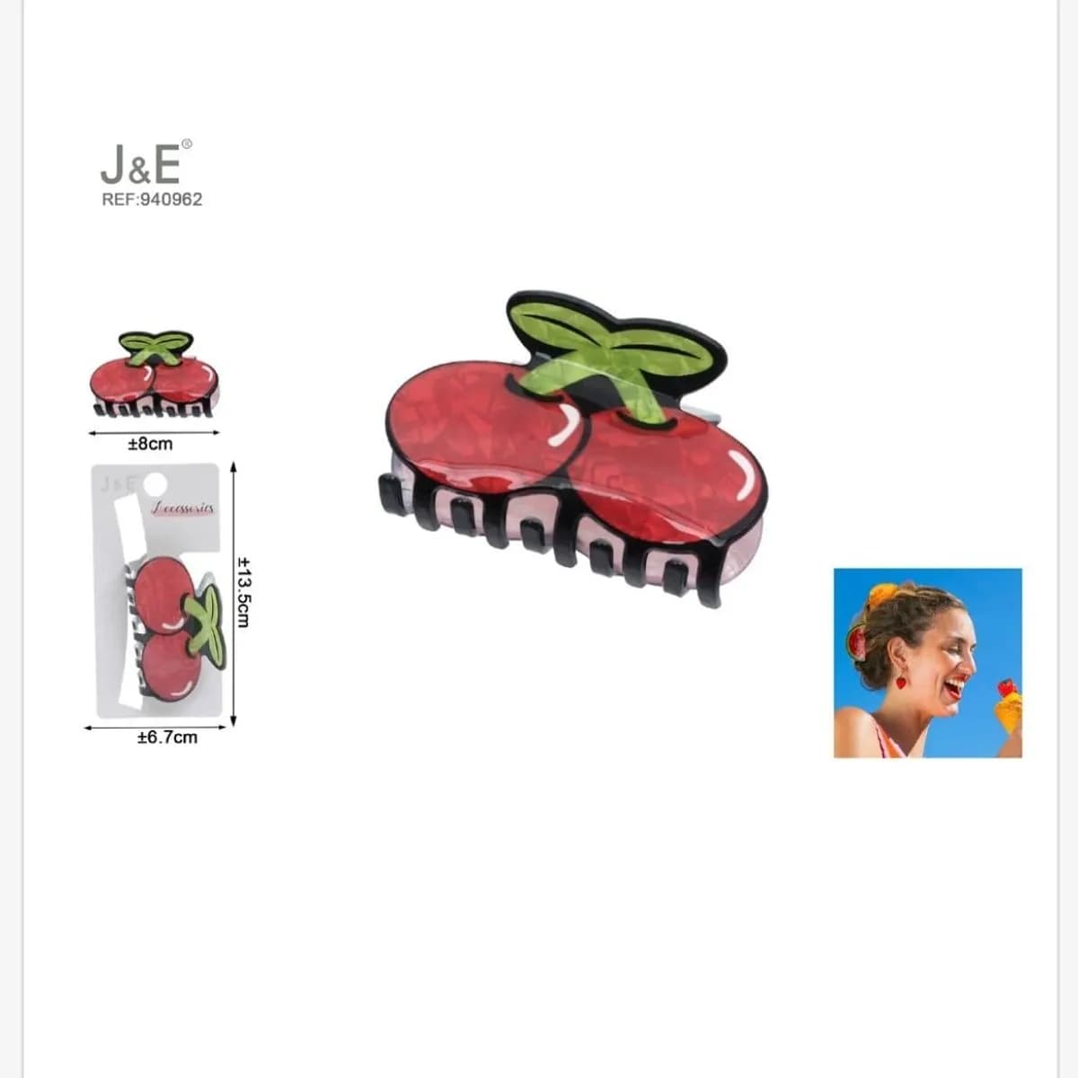 Klamra do Włosów Wisienki 8cm J&E - 12 szt.