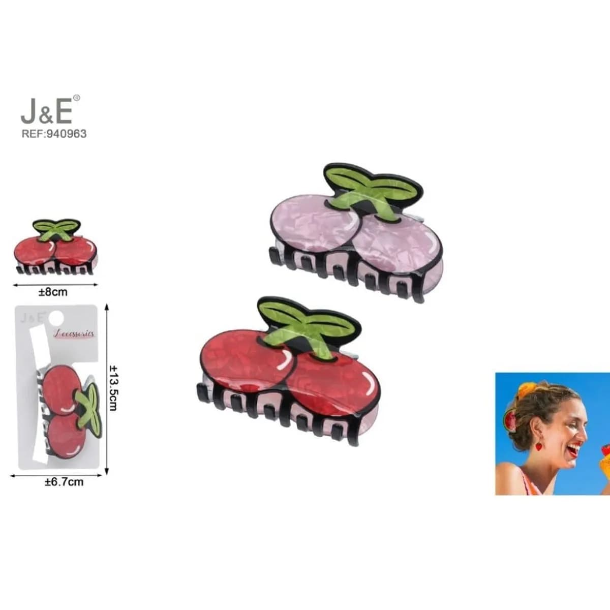 Klamra do Włosów Wisienki 8cm J&E - 12 szt.