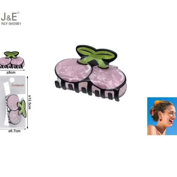 Klamra do Włosów Wiśnie Różowa J&E 8cm 12 szt.