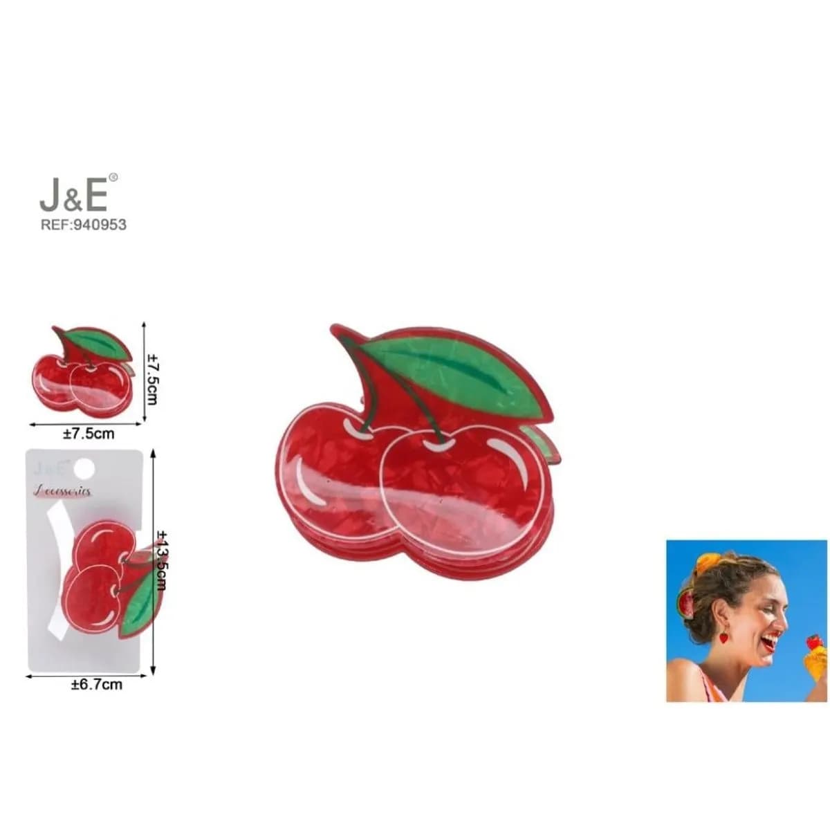 Klamra do włosów wisienki J&E 7,5cm czerwona 12 szt.