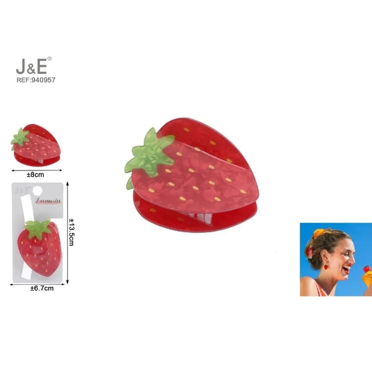 Klamra do Włosów Truskawka 8cm J&E Czerwona 12 szt.