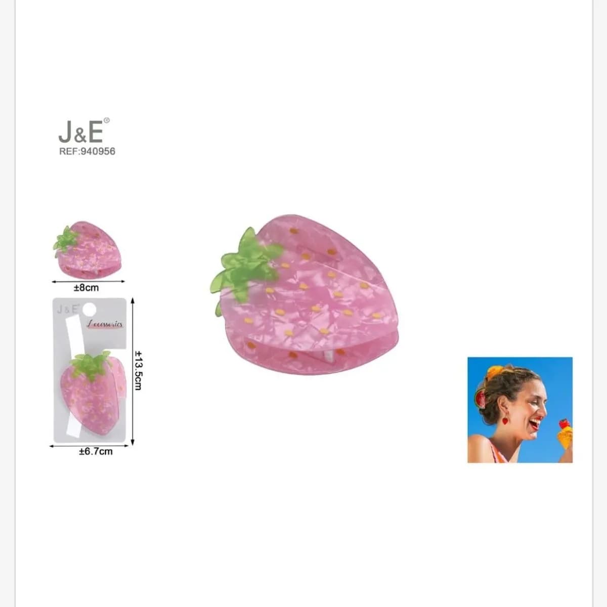 Klamra do włosów Truskawka 8cm J&E różowa - 12 szt.