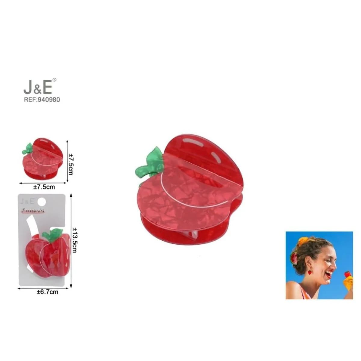 Klamra do Włosów Jabłko J&E 7,5cm Czerwona