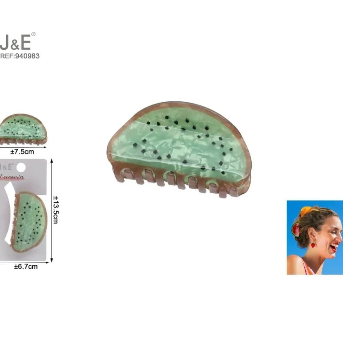 Klamra do włosów J&E 7,5cm wzór kiwi zielona 12 szt.