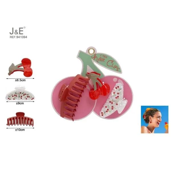 Zestaw 3 Klamer do Włosów J&E Wisienki 6.5-10cm (12 szt.)
