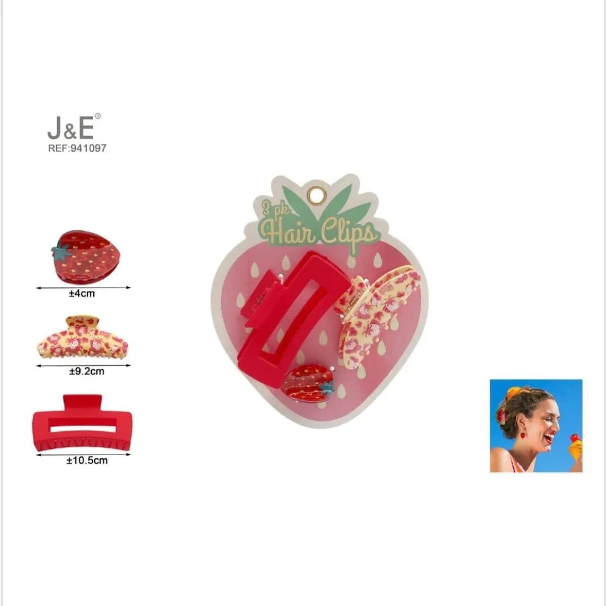 Zestaw 3 klamer do włosów J&E, motyw truskawka, 4cm, 9.2cm, 10.5cm