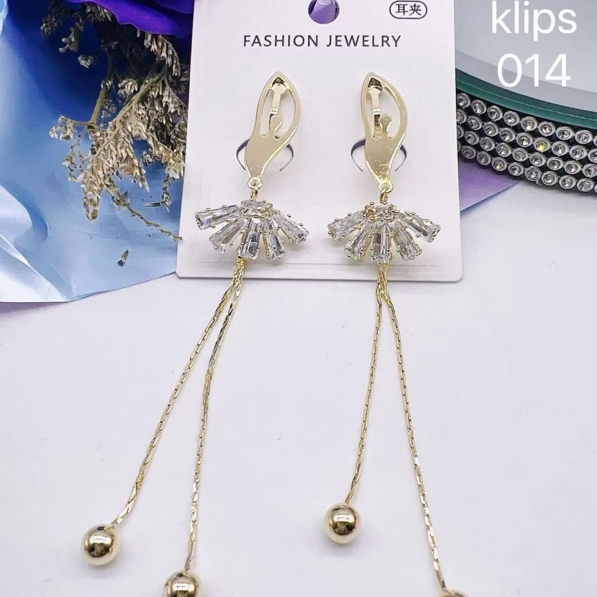 Kolczyki damskie klipsy złote z kryształkami 014