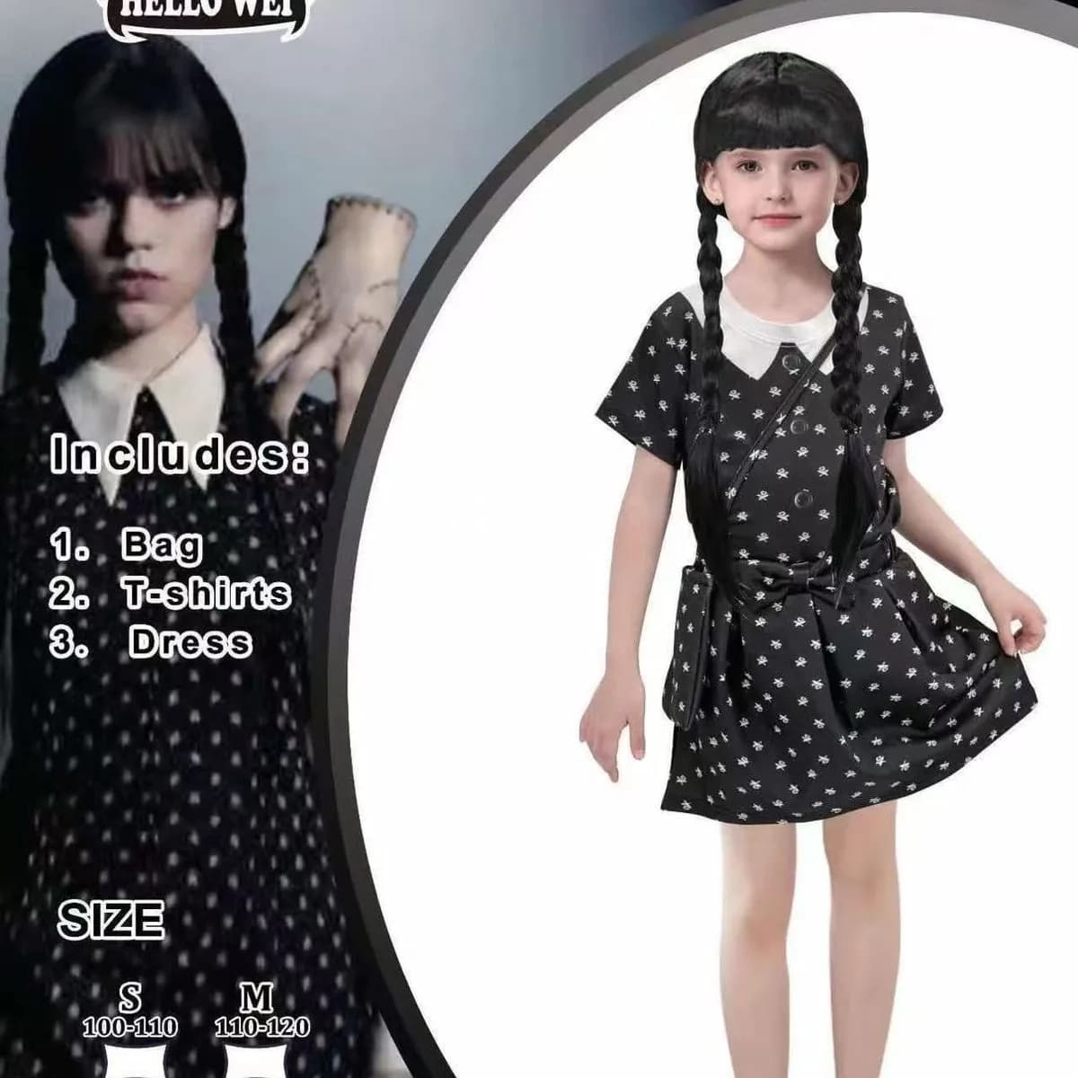 Strój Wednesday DX Cosplay z torbą, T-shirt i sukienką