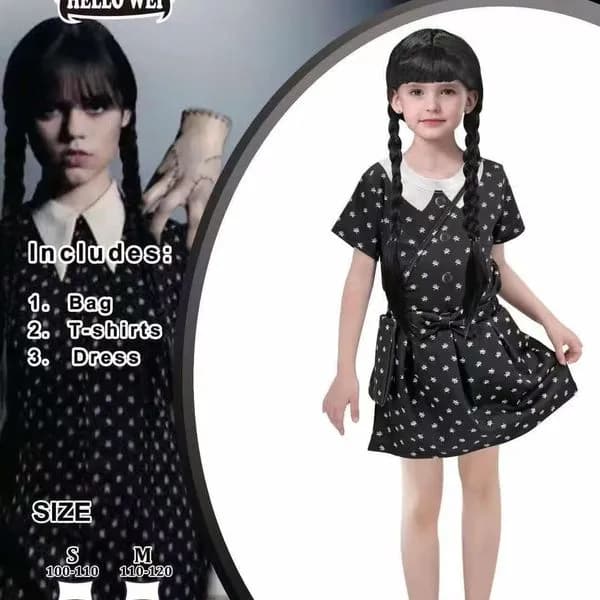 Strój Wednesday DX Cosplay z torbą, T-shirt i sukienką