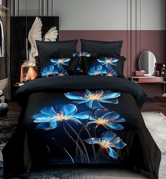 Komplet pościeli 3D 3cz. 200/220 kwiaty niebiesko-złote