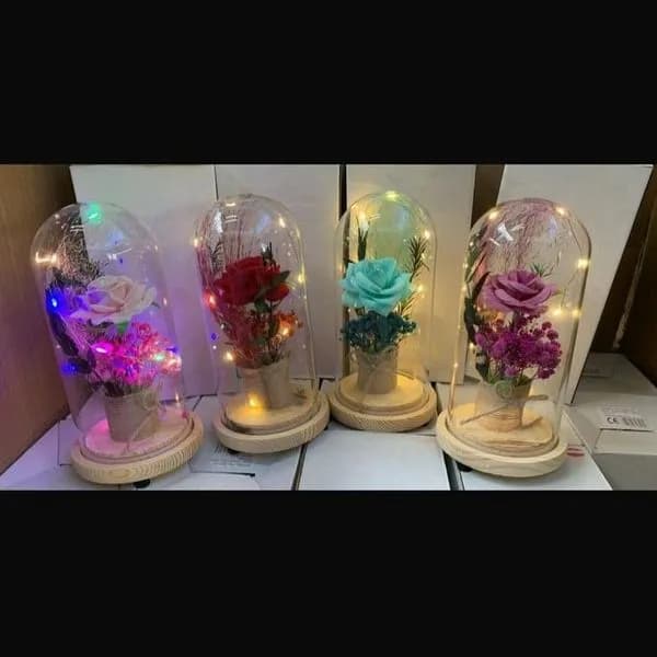 Bukiet Róż LED w kloszu na drewnianej podstawie, mix kolorów, 12 szt