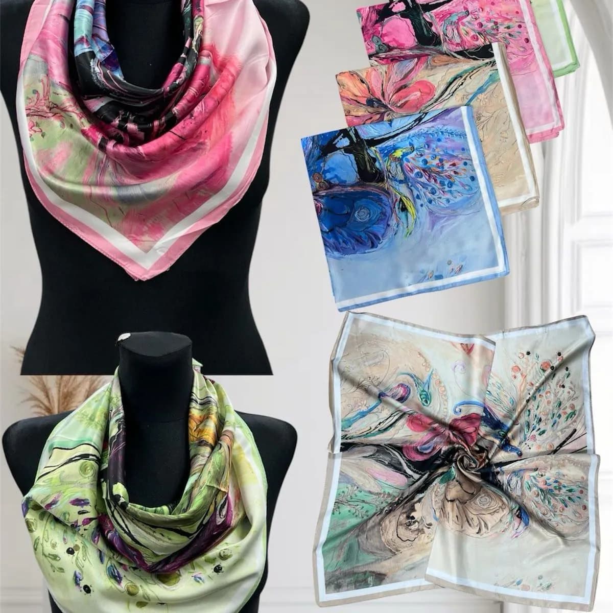 Szaliki damskie jedwabne wzorzyste multikolor 50925-222