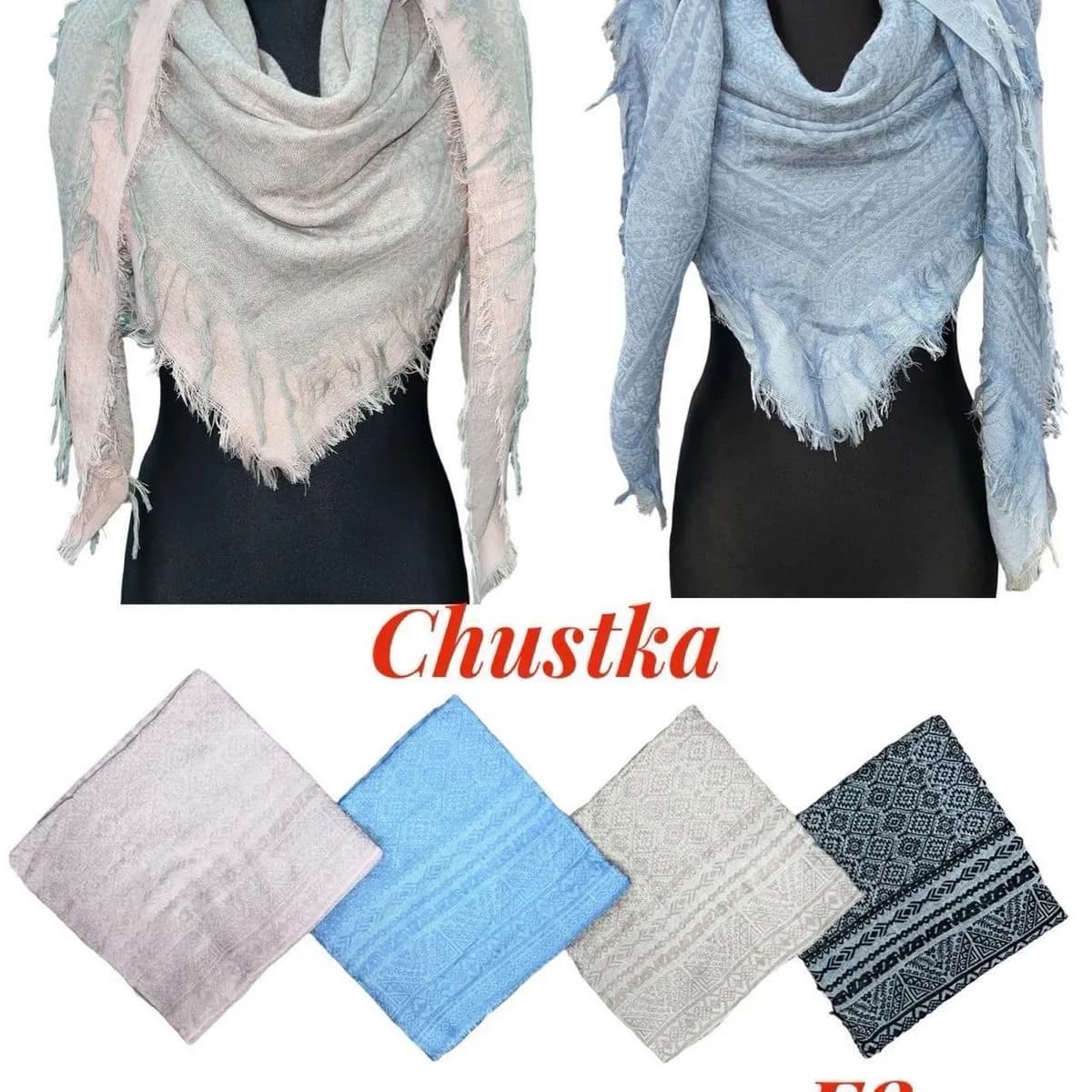 Chustki damskie 100% wiskoza, frędzle, 4 kolory