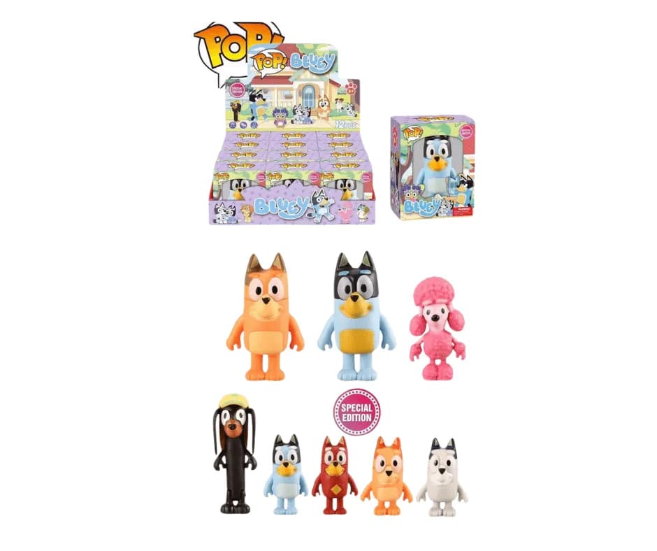 Figurki kolekcjonerskie Bluey POP! Vinyl, zestaw 12 sztuk - Display