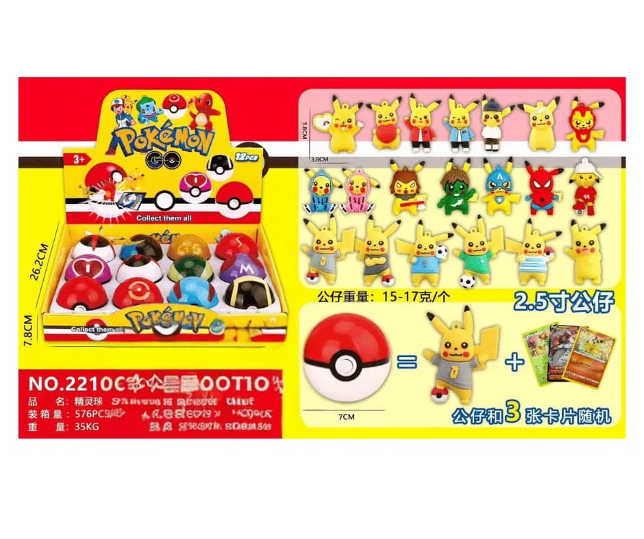 Figurki Pokemon w Kuli 7cm z Kartami, Mix Pikachu w Kostiumach