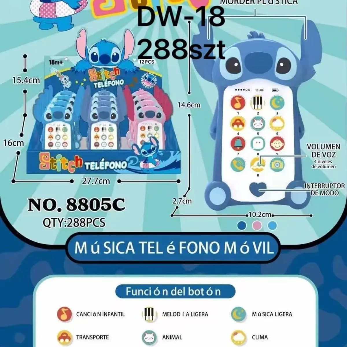 Telefon interaktywny Stitch DW-18 muzyczny 14.6cm mix kolorów