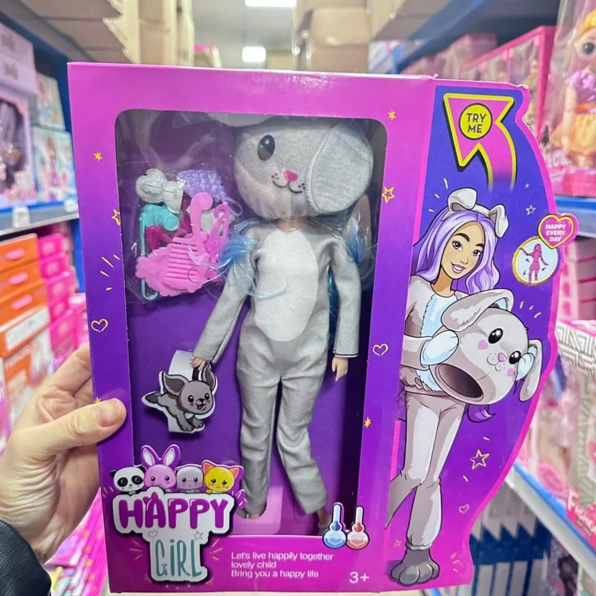 Lalka Happy Girl w stroju kotka z akcesoriami, zabawka dla dzieci 3+