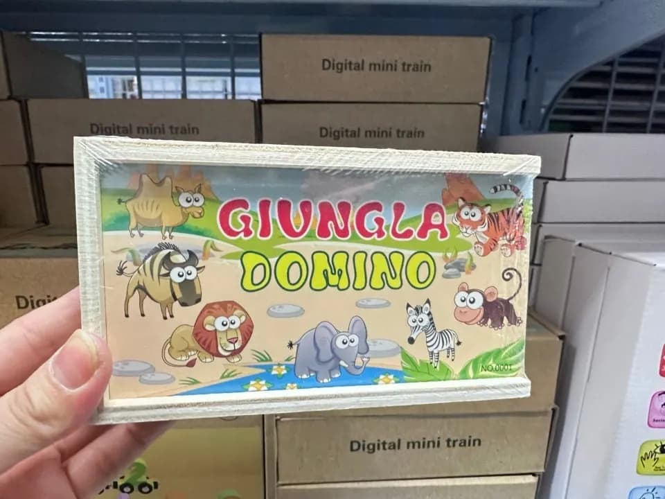 Drewniane Domino Toy Dominoes w pudełku, motywy zabawek