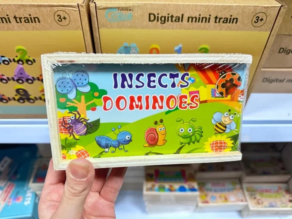 Drewniane Domino Toy Dominoes w pudełku, motywy zabawek