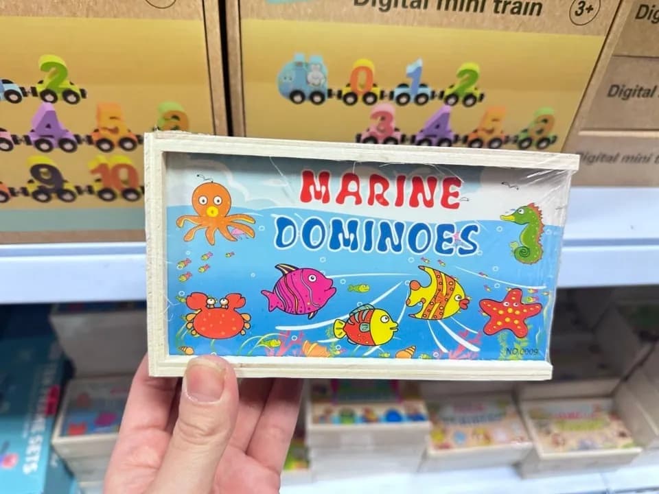 Drewniane Domino Toy Dominoes w pudełku, motywy zabawek