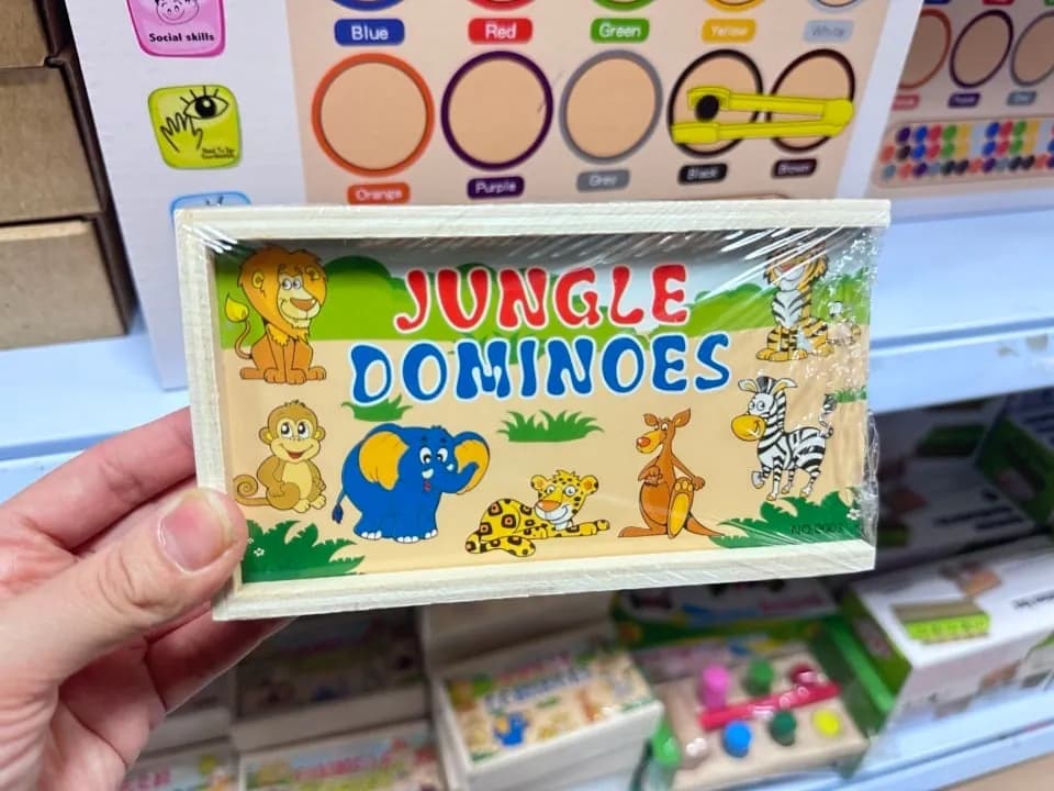 Drewniane Domino Toy Dominoes w pudełku, motywy zabawek