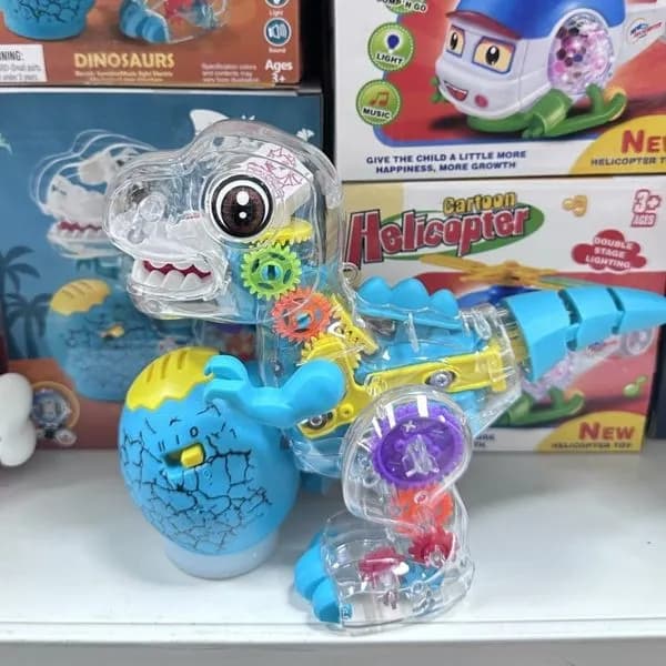 Przezroczysty dinozaur z kolorowymi zębatkami, światło i dźwięk