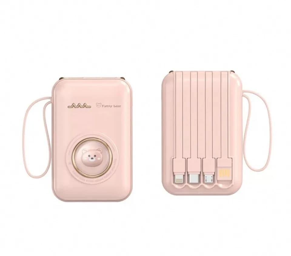 Power Bank 10000mAh z wbudowanymi kablami i motywem misia