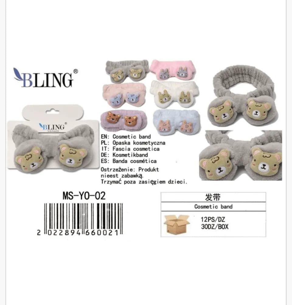 Opaska kosmetyczna Miś dla dzieci szara miękka BLING 12szt