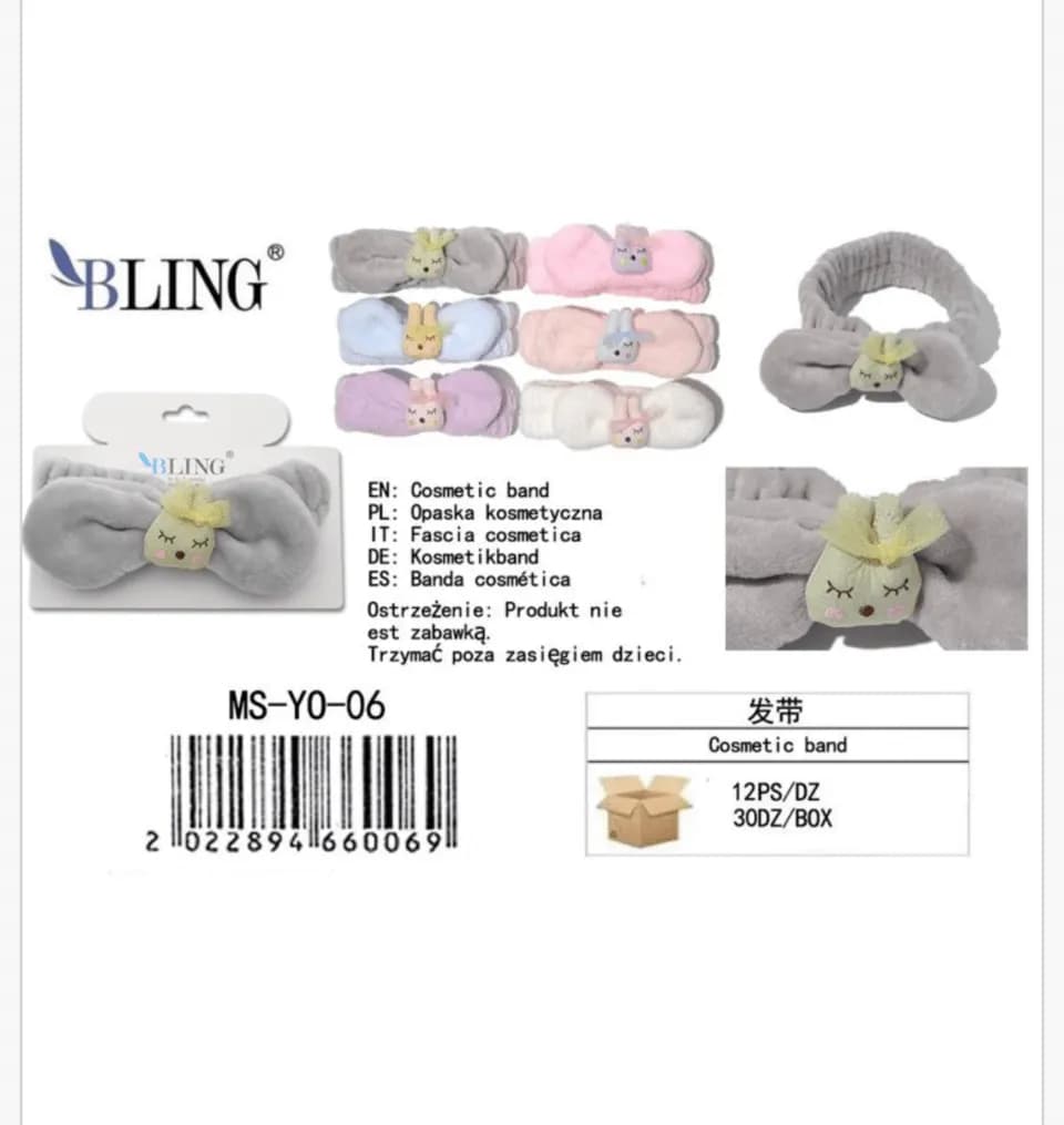 Opaska kosmetyczna z aplikacją królika BLING pluszowa mix kolorów