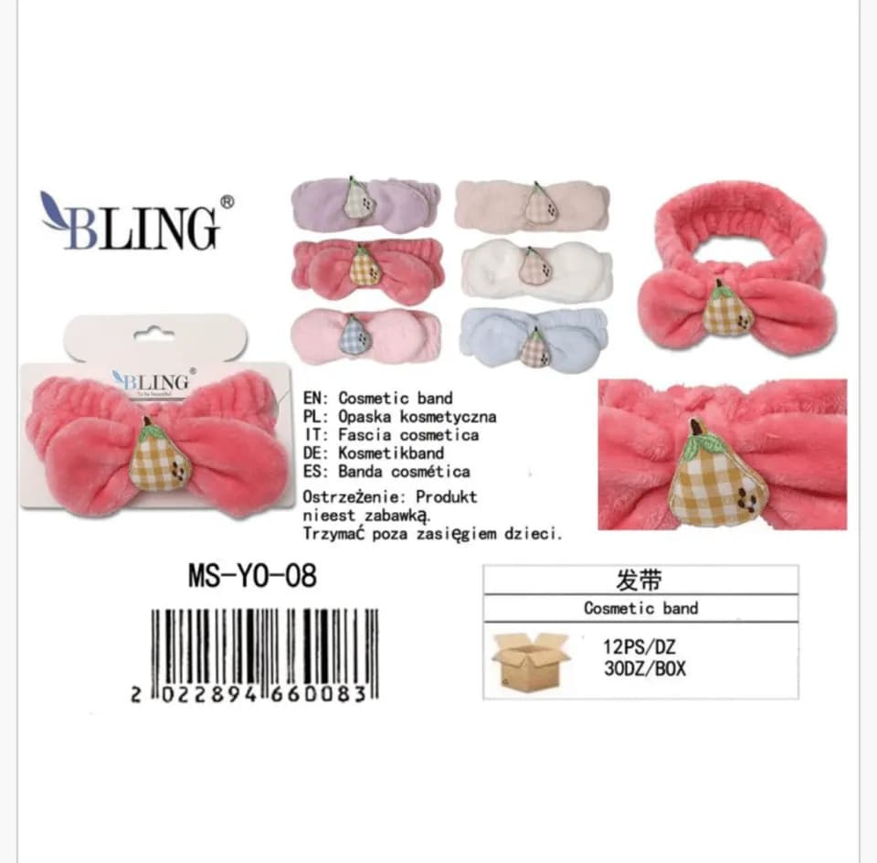 Opaska kosmetyczna BLING z kokardką i aplikacją gruszki, mix 12szt