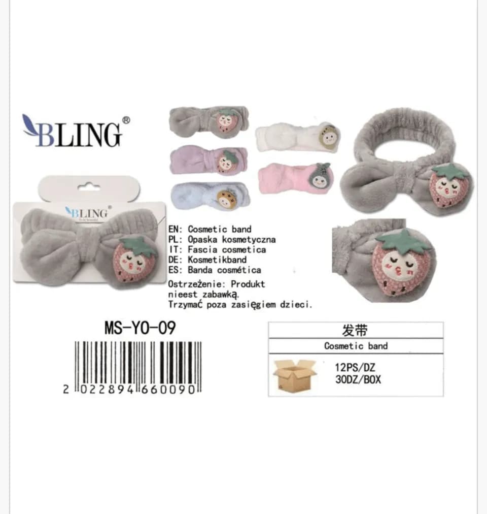 Opaska kosmetyczna Bling z aplikacją truskawki, mix kolorów