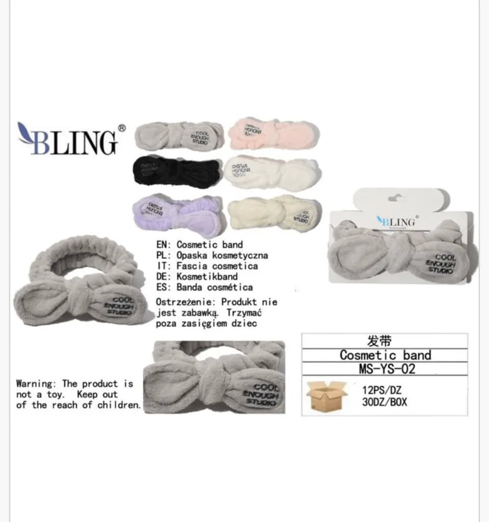Opaska kosmetyczna BLING z kokardką szara, miękka pluszowa