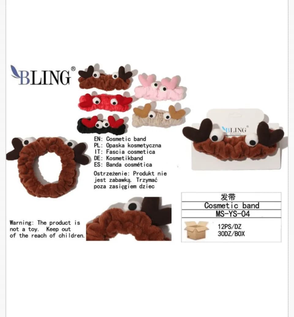 Opaska do włosów kosmetyczna "Renifer" BLING miękka mix kolorów