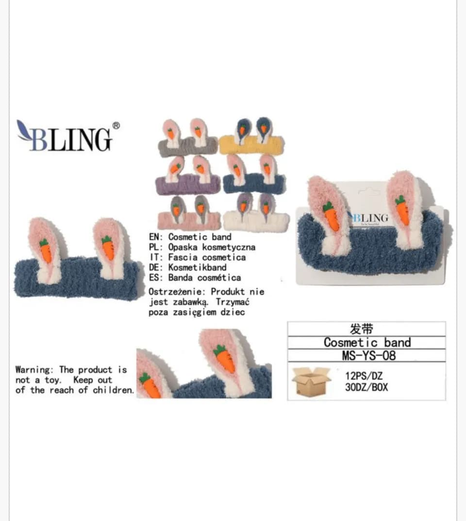 Opaska kosmetyczna BLING uszy królika z marchewką, mix kolorów