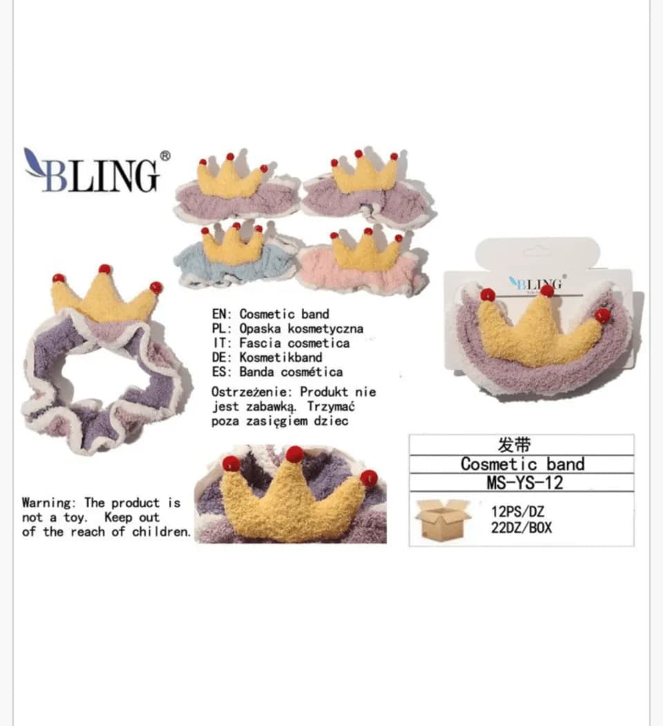 Opaska kosmetyczna z koroną BLING miękka pluszowa mix kolorów