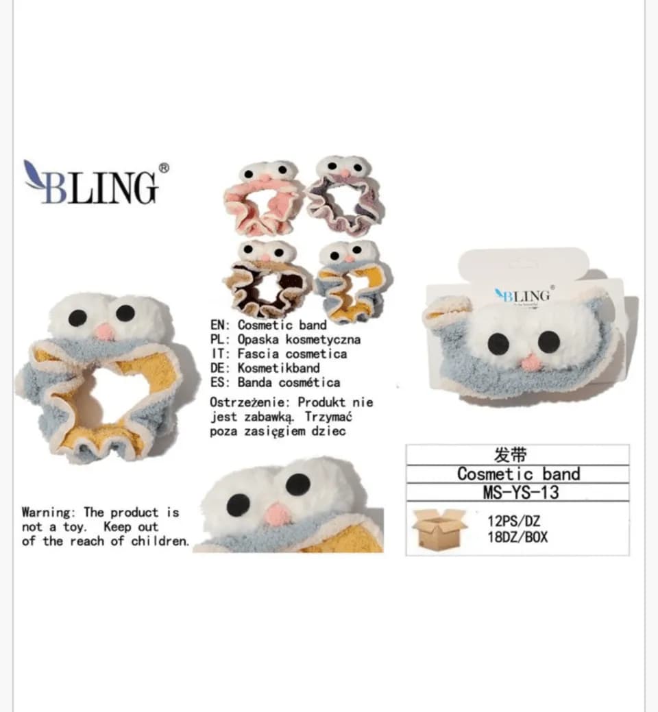 Opaska kosmetyczna Bling pluszowa z oczami mix kolorów 12szt