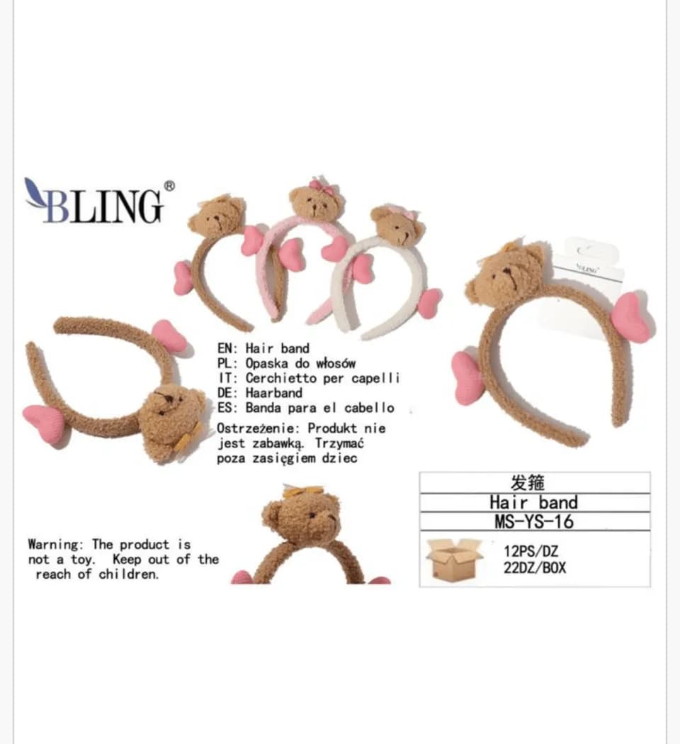Opaska do włosów z misiem i serduszkami BLING, pluszowa