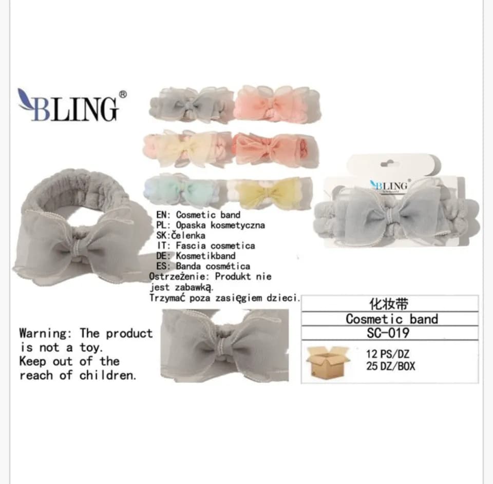 Opaska kosmetyczna BLING z kokardką szara, miękka mikrofibra SC-019